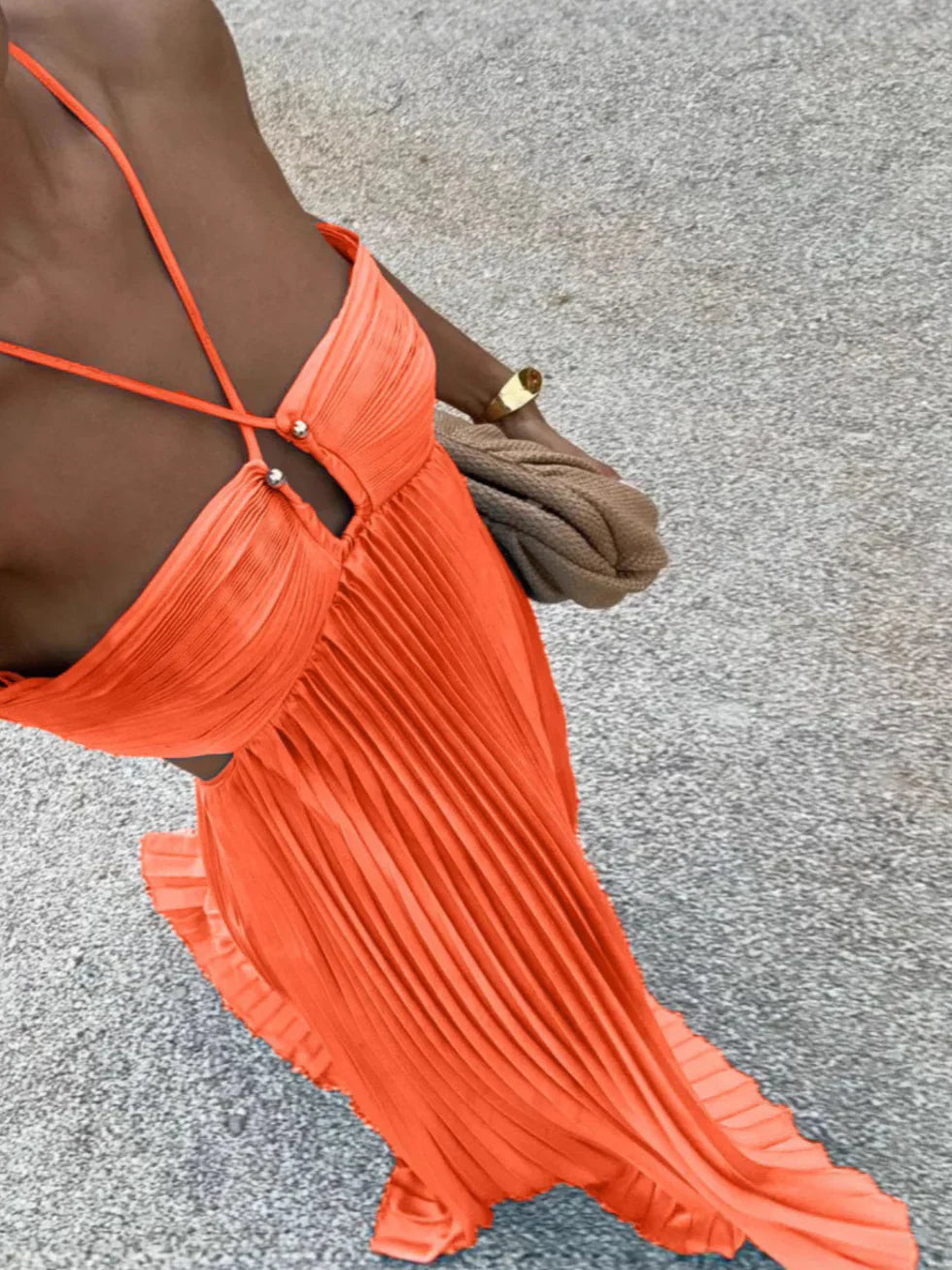 Sophie | Women's Halterneck Pleated Maxi Dress - Orange
