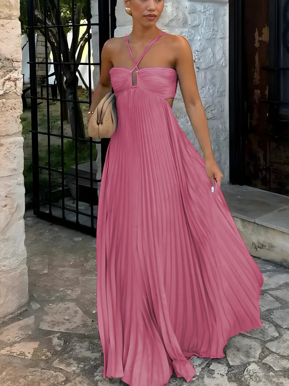Sophie | Women's Halterneck Pleated Maxi Dress - Pink