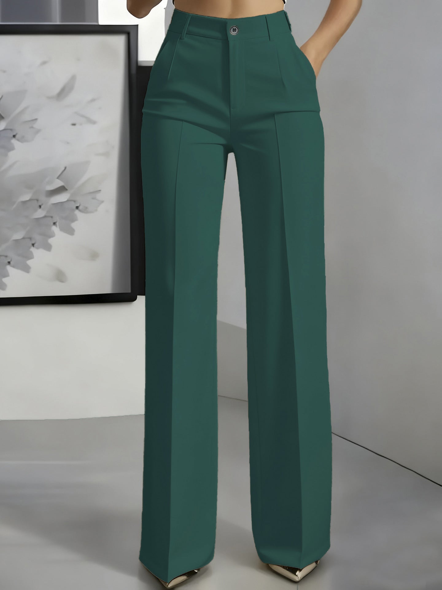 Sophie | Women's High-Waisted Tailored Trousers - Dark Green