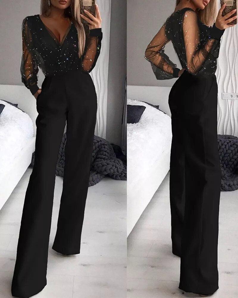Viola | Glittrig jumpsuit med vida ben - Svart